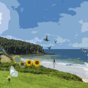 Imaginative collage featuring beach, sunflowers, people, butterflies and other thematic images.