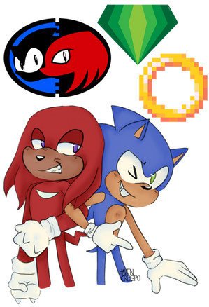 Student-designed T-shirt graphic featuring Sonic and Knuckles posing together beneath a red-and-blue emblem, green gem, and glowing gold ring.