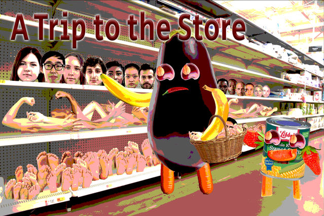 Student-designed storybook cover featuring original fruit and vegetable characters, creative digital compositing, and custom typography created in Adobe Photoshop.