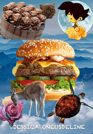 Esoteric mixed media digital sketchbook cover blending photographs, typography, textures, and creative effects featuring a burger.