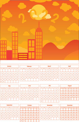 Student-designed 2022 one-page calendar featuring monochromatic cityscape in orange and bright typography. Created in Adobe Illustrator.