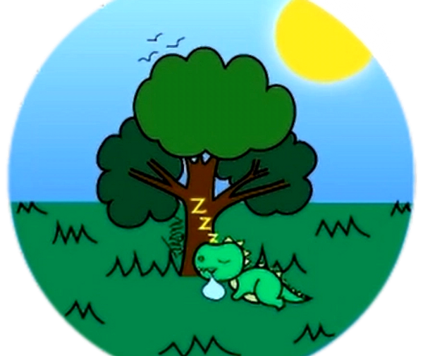 Student-designed wearable button featuring original digital artwork of a dragon sleeping under a tree created as a small-format expression of creativity.