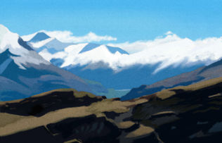 Student-created digital landscape painting of snow-covered blue mountains with softly blended icy peaks, dark rocky hills, and open sky completed in Adobe Photoshop using a Wacom tablet, custom brushes, layers, and painting techniques.