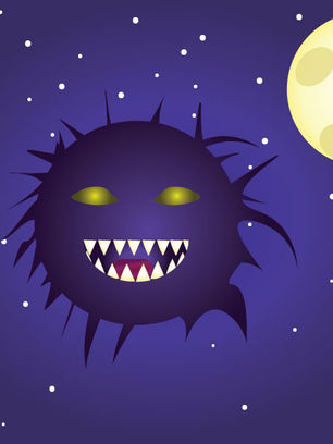 Student-designed round purple monster with glowing yellow eyes and sharp teeth, floating beneath a full moon in a starry night sky.