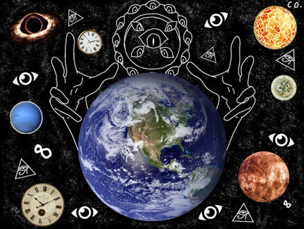 Student-created surreal digital composition inspired by Salvador Dalí and using Photoshop compositing techniques featuring the Earth, planets, and how it is all controlled.