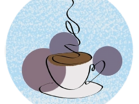 Student-designed wearable button featuring original digital artwork of coffee mug created as a small-format expression of creativity.
