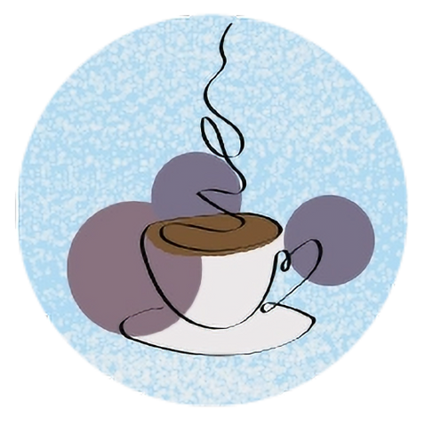 Student-designed wearable button featuring original digital artwork of coffee mug created as a small-format expression of creativity.