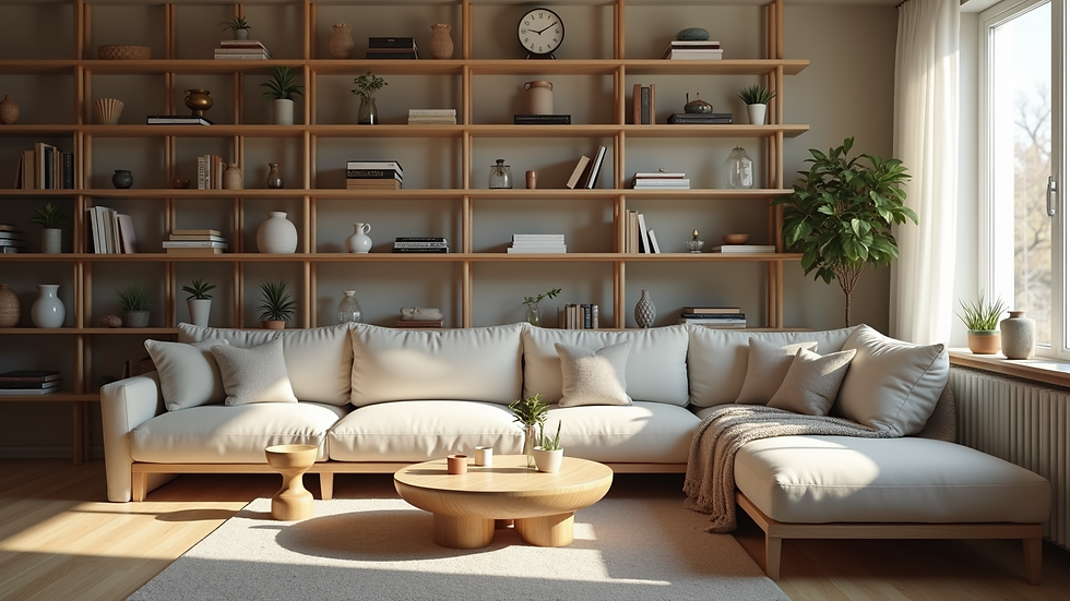 Eye-level view of a cozy living room with organized shelves