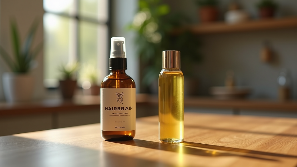 Close-up view of a bottle of Hairbrain Oil on a wooden table