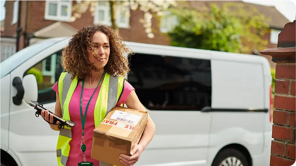 Close-up view of a courier carrying a small package