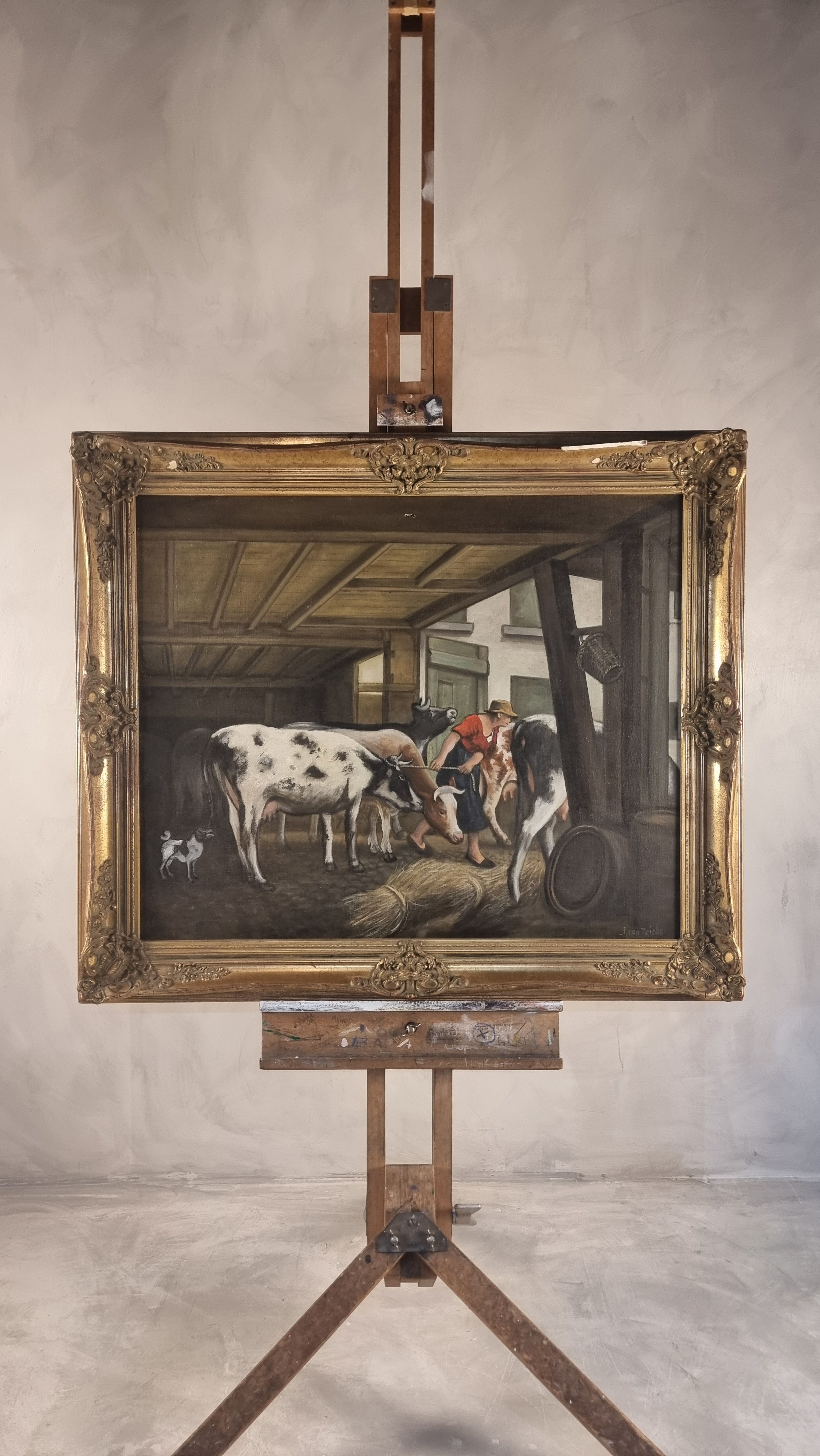 J. Van Tricht painting, Leaving the barn painting, oil painting, oil on canvas