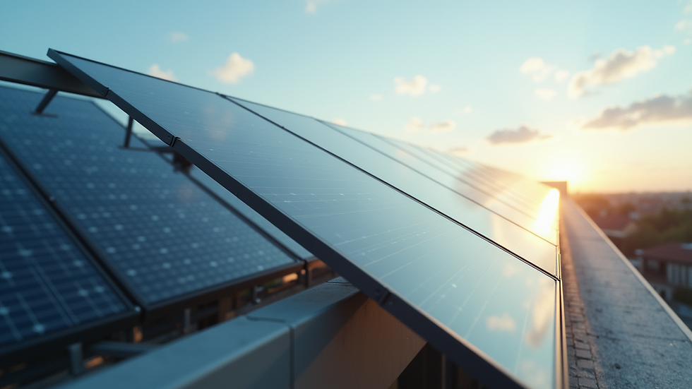 High angle view of a modern building with solar panels