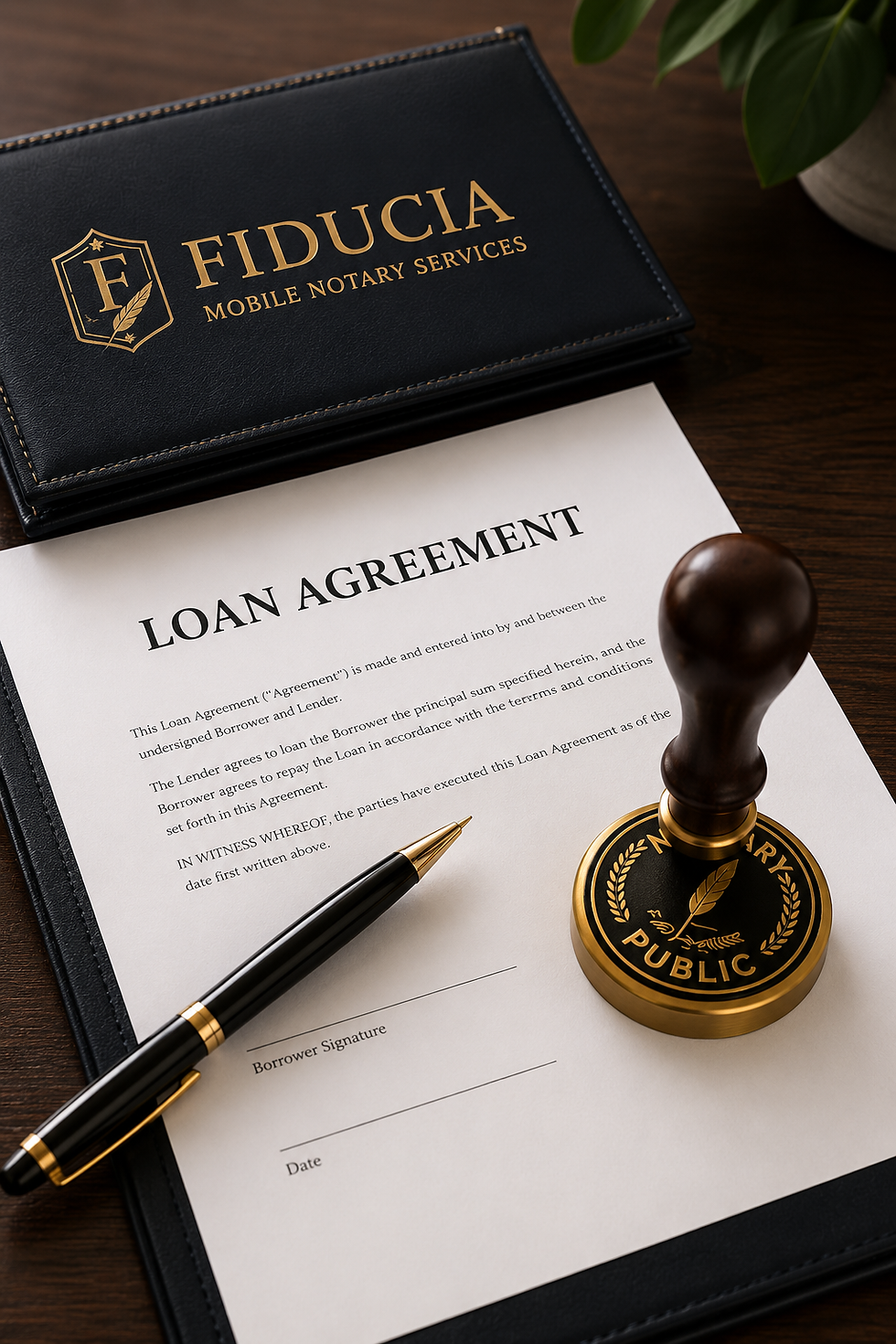 Loan signing documents with notary stamp and pen