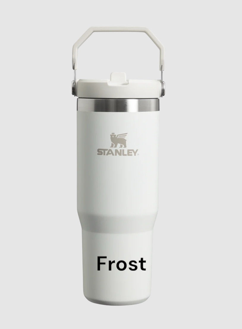 Thumbnail: Stanley tumbler in Frost, a translucent icy-white color with a cool frosted texture.