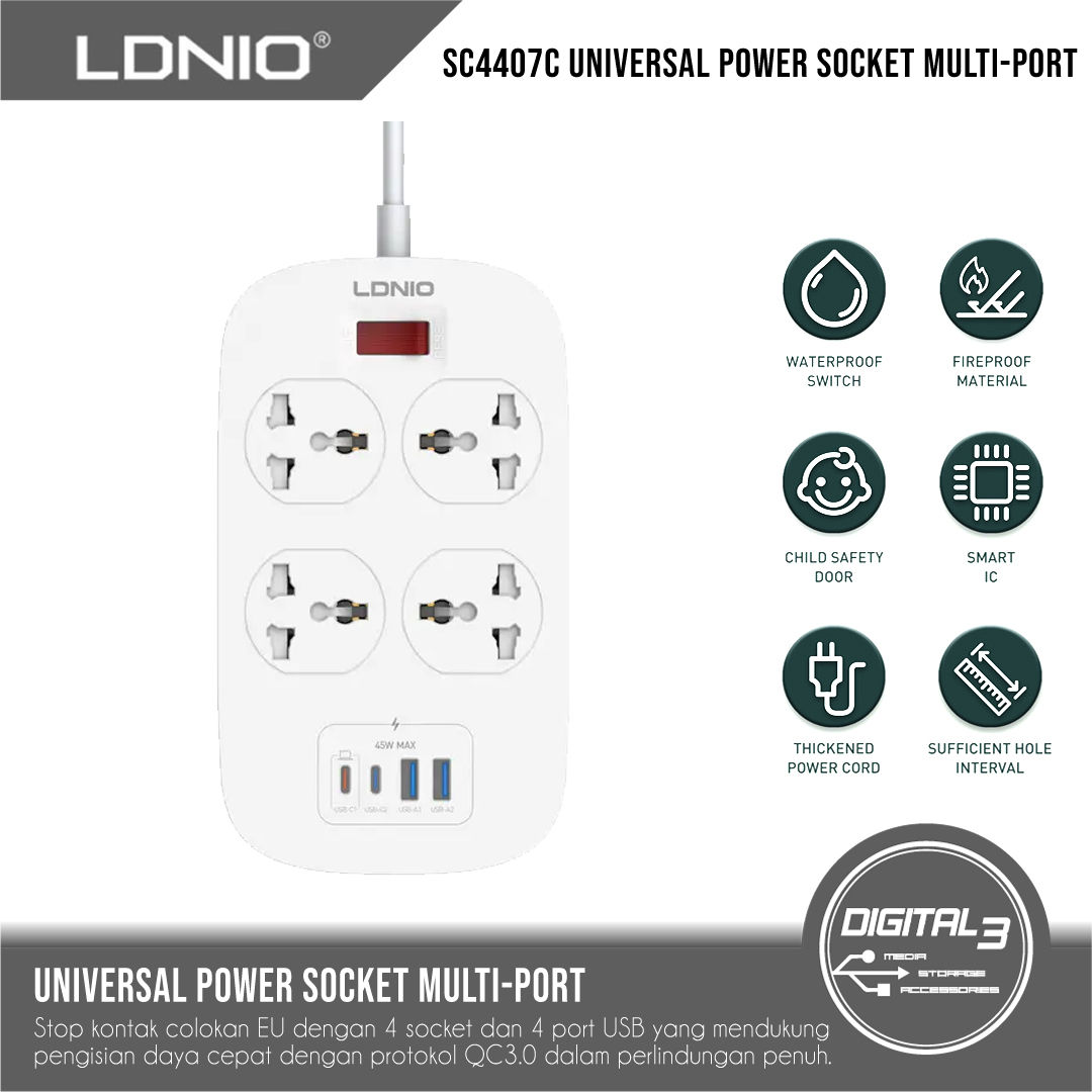 LDNIO SC4407C 4-Pin USB Type-C Power Delivery 45W Output Heat Resistant Fire Ret