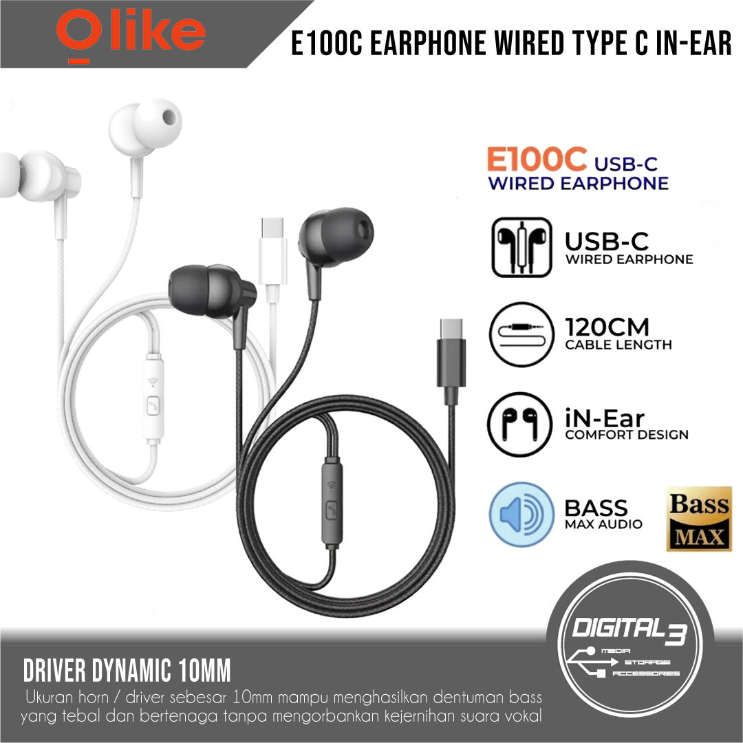 OLIKE E100C Earphone Wired Type C In-Ear Headset Cable 1.2M Bass