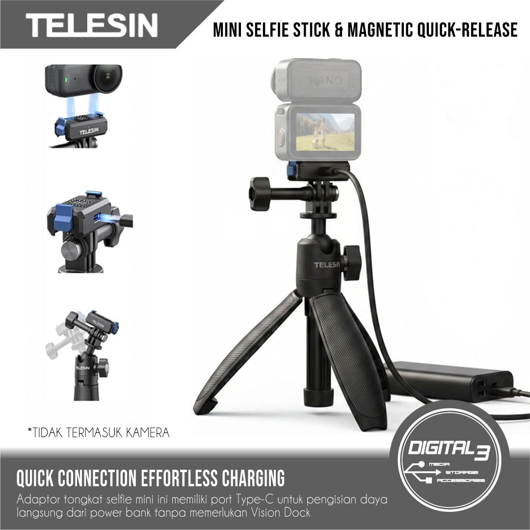 TELESIN Mini Selfie Stick 3.0 & Magnetic Quick-Release Charging Adapter Mount
