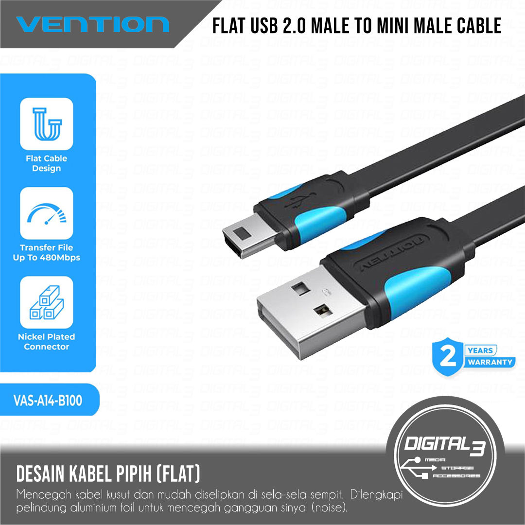 VENTION Flat USB 2.0 A Male to Mini B Male 5 Pin Fast Charging 2A High Speed 