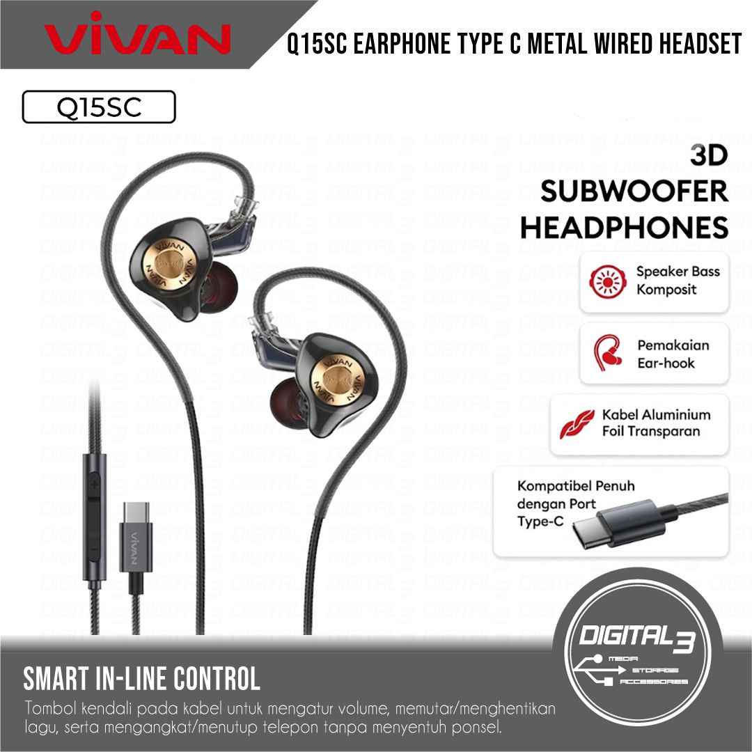 VIVAN Q15SC Earphone Type C Metal Wired Headset In Ear Bass Subwoofer HD Mic