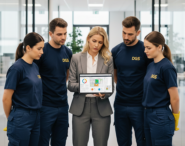 Teamleitung von DGS Services präsentiert Mitarbeitenden neue digitale Lösungen im Gebäudeservice.