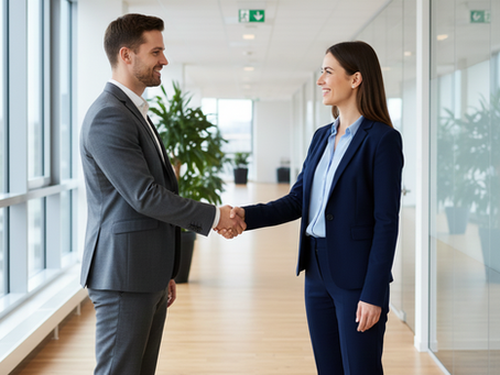 Unternehmer übergeben Firmenanteile: Zwei Geschäftsleute geben sich im Büro die Hand – Symbol für Unternehmensverkauf oder Firmenübergabe.