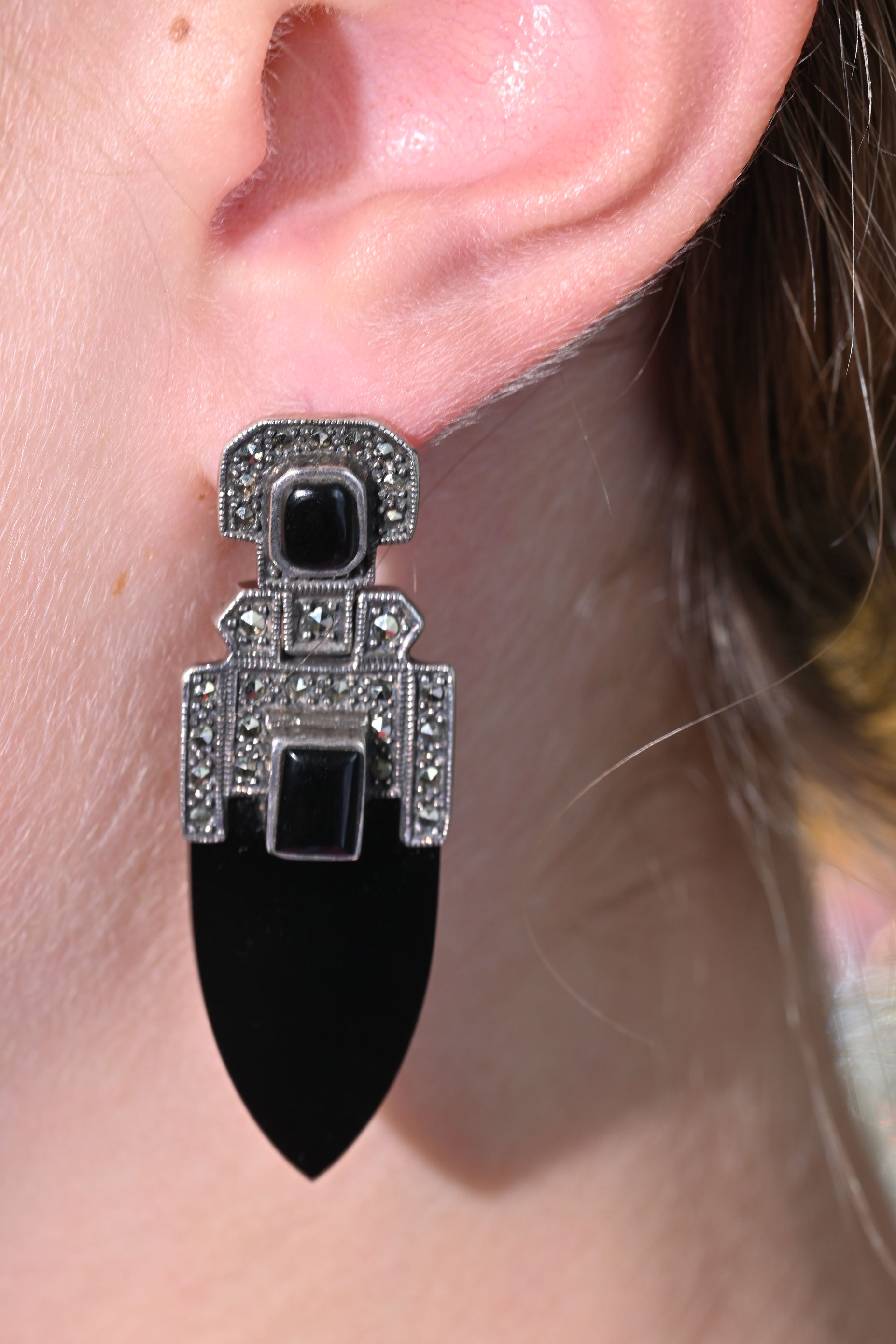 Art deco silver onyx and Marcasite earrings