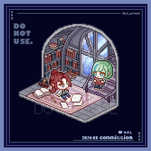 圖書館像素圖，有星空、書籍、人物、階梯