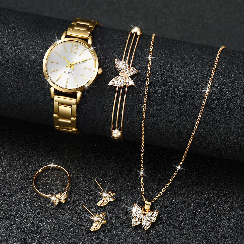 Thumbnail: Royal Luxe Butterfly Jewellery & Watch Gift Set – Gold Necklace, Bracelet, Earri