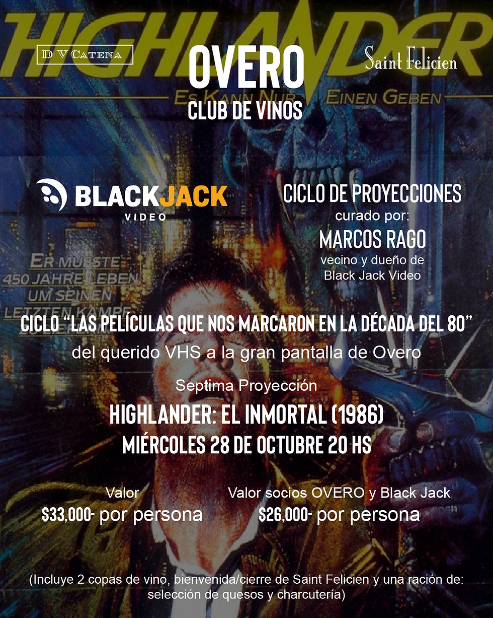 Cine y Vino "Las películas que nos marcaron en los 80´" - "Highlander" (1986) - 28/10 - Overo