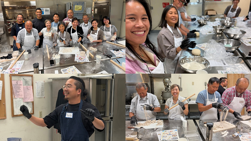 Collage of smiling people making noodles in a kitchen classroom, with flour-dusted tables, bowls, aprons, and recipe sheets.