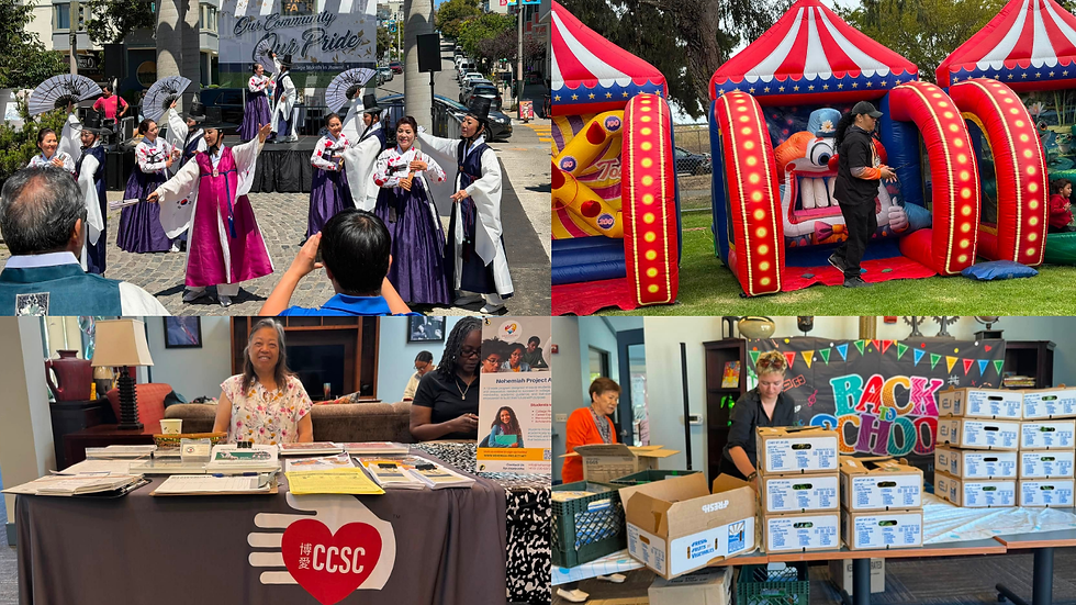 Community event collage: dancers perform outdoors, a man enters a carnival inflatable, and volunteers sort supplies indoors.