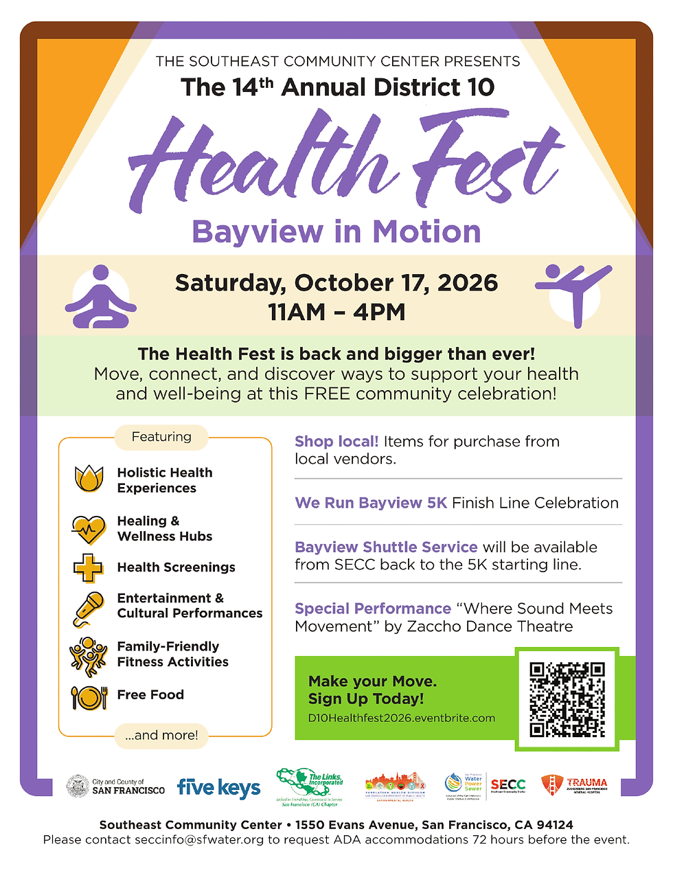 Poster for The 14th Annual District 10 Health Fest, Bayview in Motion, with dates, activities, QR code, and logos.