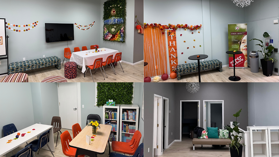 Four decorated lounge rooms with orange chairs, tables, benches, fall garlands, and signs like THANKS in a calm, festive space.