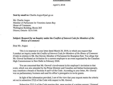 Request for an Inquiry under the Conflict of Interest Code for Members of the House of Commons