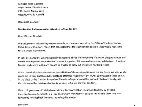 Need for independent investigation in Thunder Bay