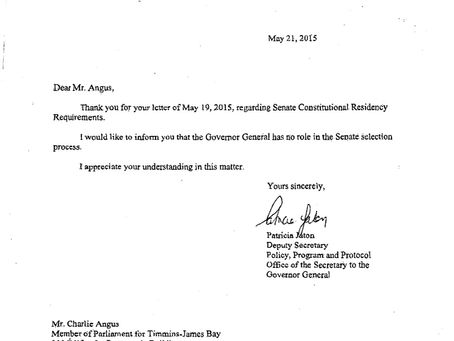 Governor General's Response to Senate Residency placing all responsibility on Stephen Harper