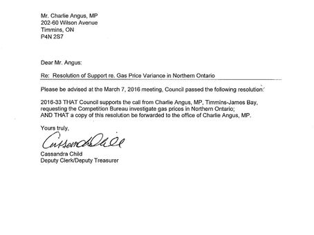 Resolution of Support re. Gas Price Variance in Northern Ontario