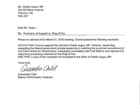 Town of Black River-Matheson resolution of support regarding the Ring of Fire