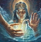 A priestess blessing a chalice of water and enabling magical intention in peace.