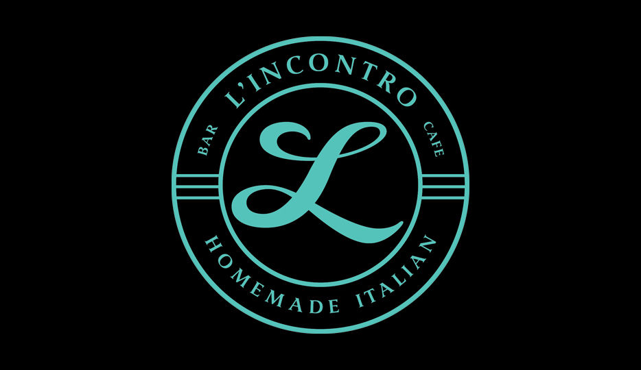 Logo for L'Incontro, a bar and café offering homemade Italian cuisine. The design features a large, elegant cursive "L" in the center, surrounded by circular text reading "L'Incontro" at the top, "Bar" and "Café" on the sides, and "Homemade Italian" at the bottom. The text and design elements are in a teal color against a black background.