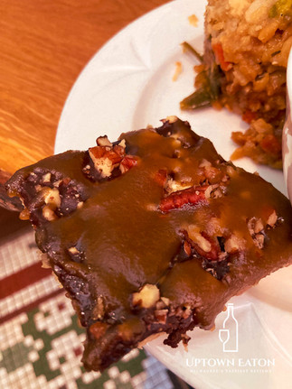 pecans, dark chocolate, and caramel toffee bar
