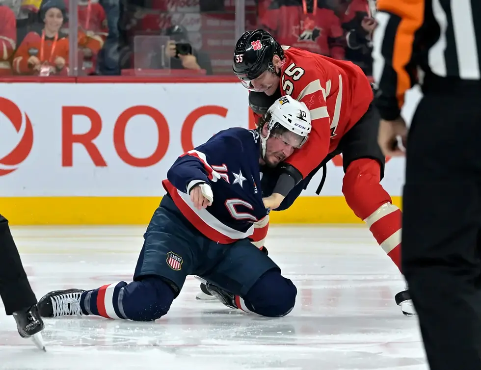After the first real play of the game, the United States J.T. Miller dropped the gloves with Canada's Colton Parayko. The Americans won the first matchup in the tournament 3-1. (Credit: Eric Bolte-Imgn Images)