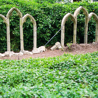 17th-Century Gothic Cathedral remnants restored and turned into garden features at the Oldfield Estate in Saanich BC by Stone & Trowel Heritage Restoration