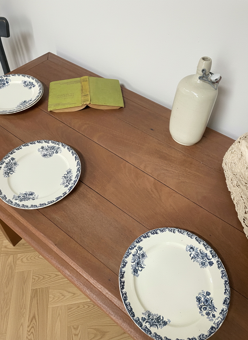 Miniature : Table bistrot ancienne de style brocante avec pieds en fonte détail du plateau en bois massif avec de la déco