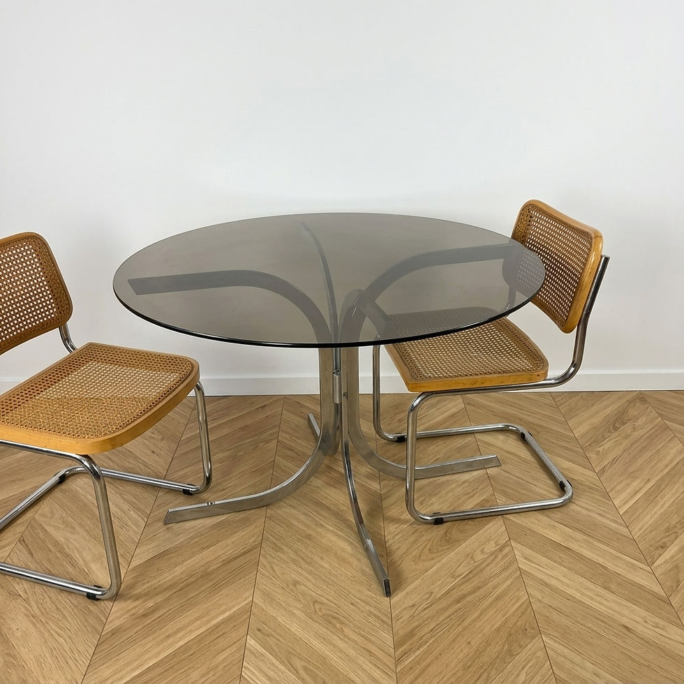 Miniature : Table à manger ronde en verre fumé et métal chromé - Années 70