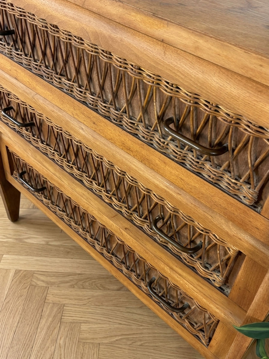 Miniature : Commode vintage en bois & rotin – années 60/70 - 3 tiroirs