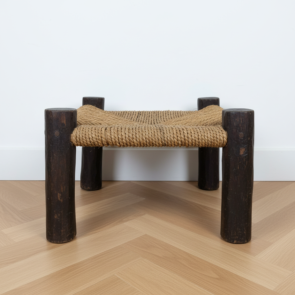 Miniature : Tabouret bas vintage en bois et paille