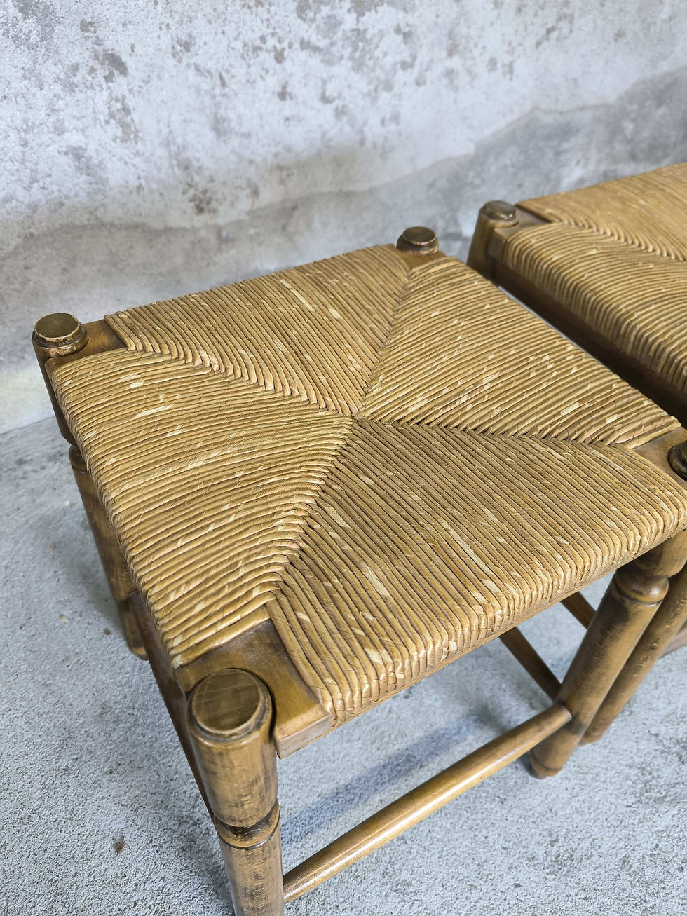 Paire de tabourets vintage en bois et paille