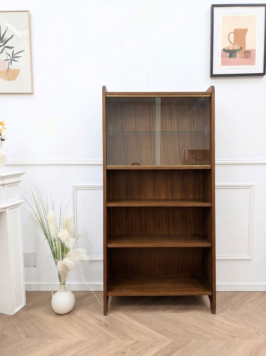 Bibliothèque vitrine en bois avec étagères ouvertes - années 60