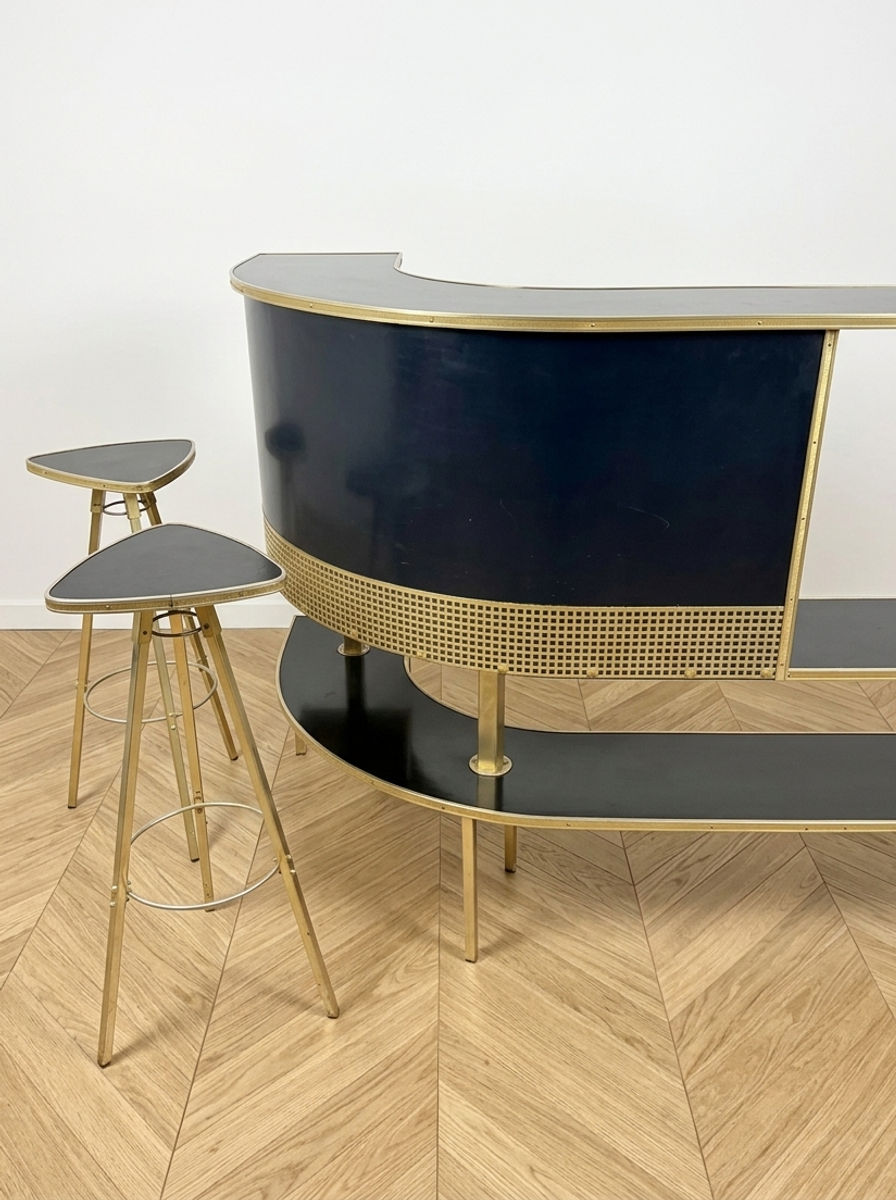 Miniature : Meuble bar années 50 noir et laiton - avec 2 tabourets